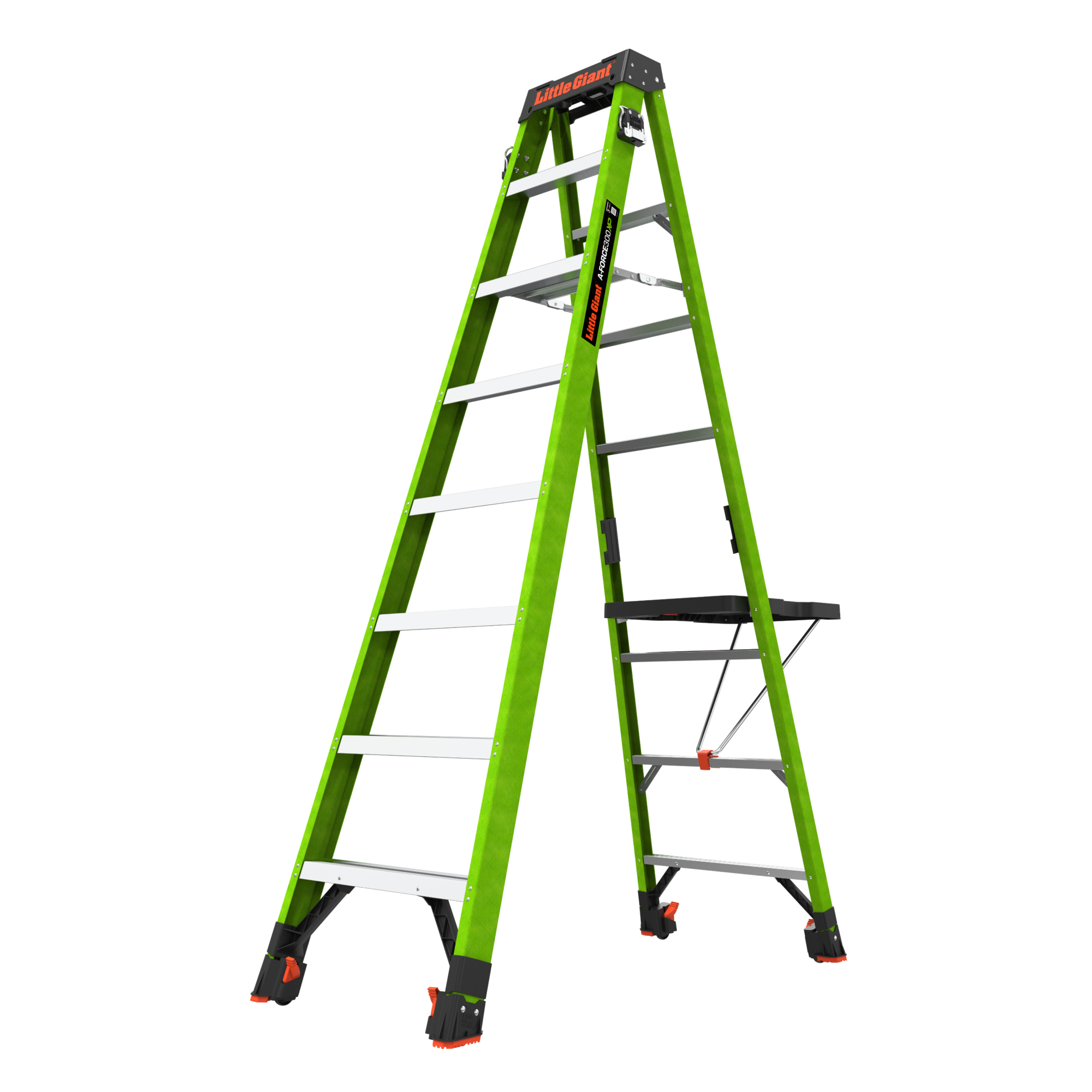 Little Giant Ladder, A-FORCE300 XP, 8' Model - ANSI Type IA - 300 lbs. Rated, Fiberglass A-frame Ladder with HOVER GLIDE FEET, TOOL HOLSTERS & WORKBENCH, Model # 15798-051